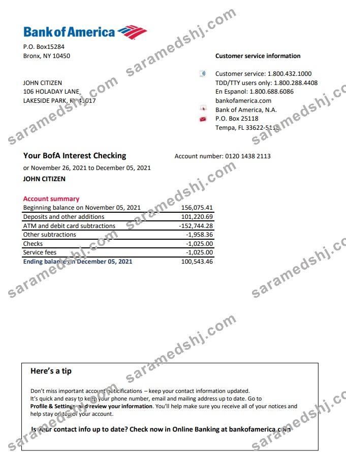 USA Bank of America bank statement easy to fill template in .xls and .pdf file format